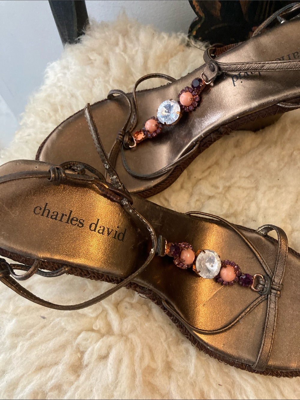 Charles David Metallic Bronze Beaded Wedge Sandals - Picture 2 of 4